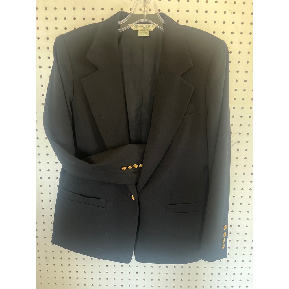 Austin Reed Petite Womens Black 100% Worsted Wool Blazer Gold Crest Buttons 10P